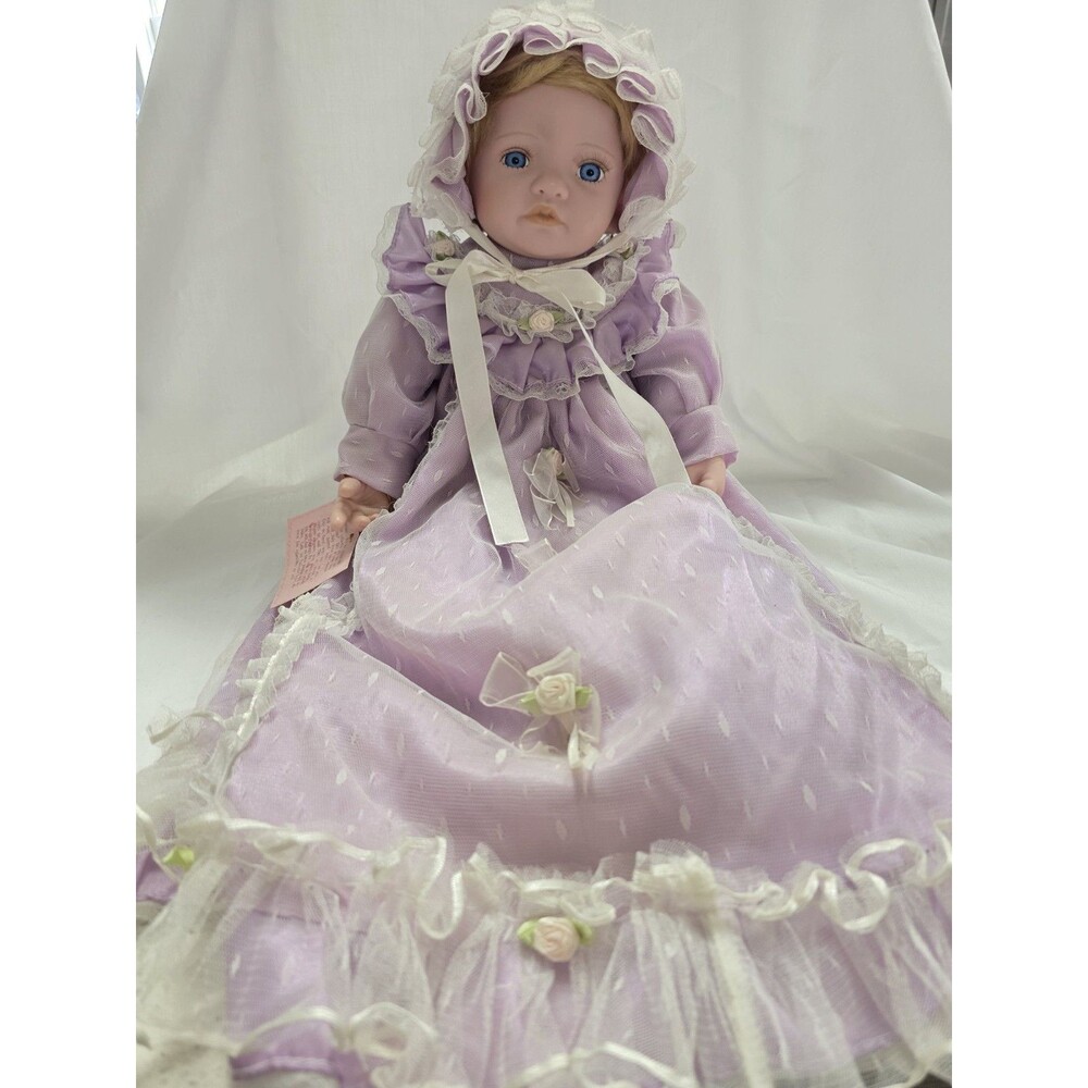 Vintage Porcelain Collector baby doll light lavender dress white lace w/bonnet